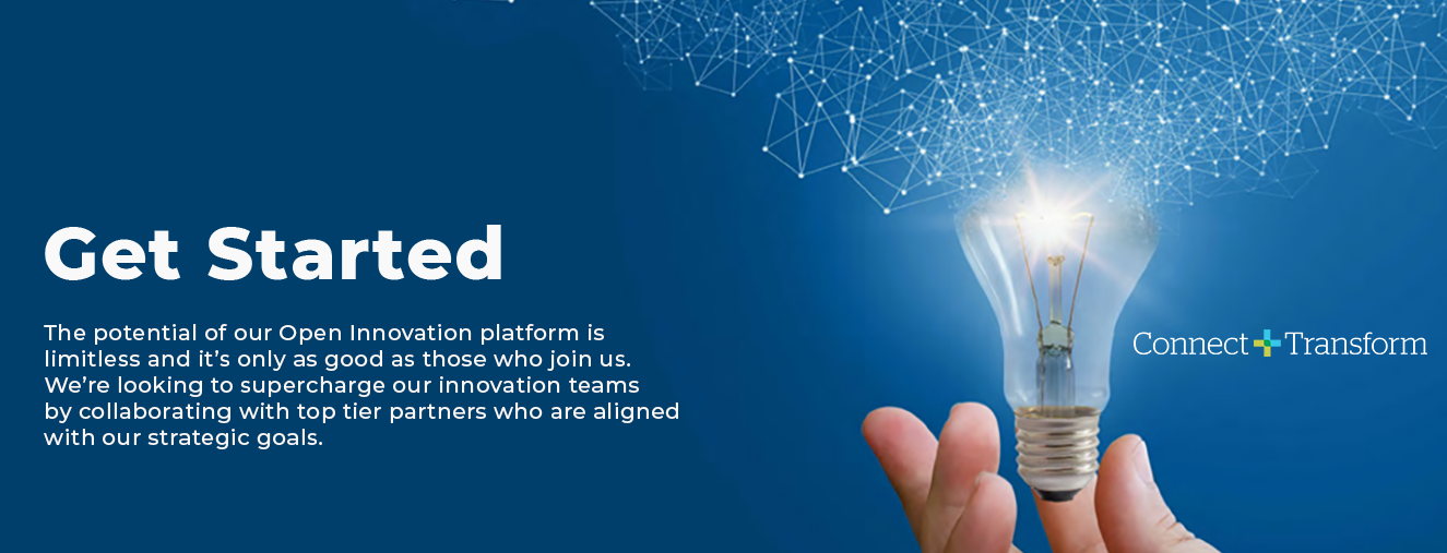 Solid blue background with a hand holding a shining lightbulb with the top exploding out to multiple white points connected by white lines.