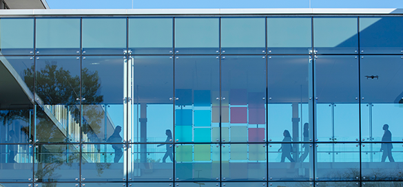 people walking through elevated walkway