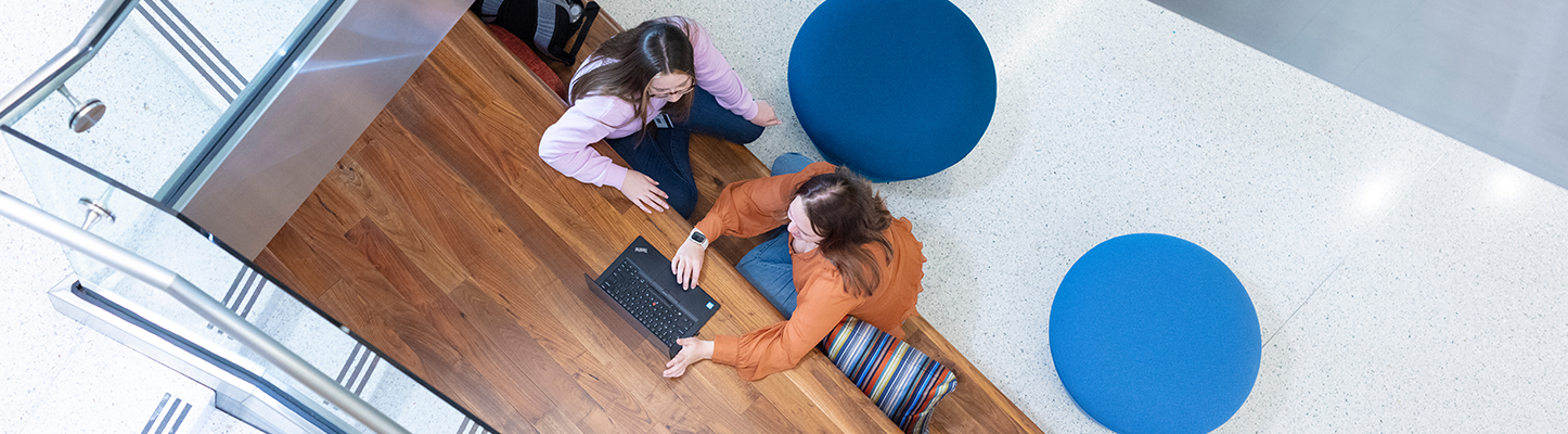 Overhead shot of two casually dressed women seated before an open laptop