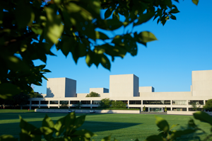 Street view of the Richmond manufacturing center with the lawn in front of the building showing five towers