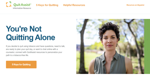 Screenshot of the QuitAssist website featuring a woman with short curly back hair in a sleeve-less olive shirt standing outside in the sunshine with trees in the background