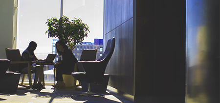 Two people looking at a laptop, seated in comfortable chairs at a table before a full glass wall with daylight shining through and a potted tree behind them.