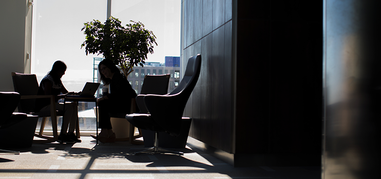 Two people looking at a laptop, seated in comfortable chairs at a table before a full glass wall with daylight shining through and a potted tree behind them.