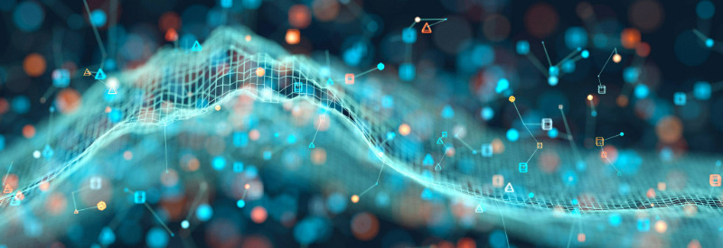 Abstract background of glowing particles on a wire mesh landscape