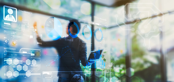 Technology screen of graphs and analytics on businessman working, business technology conceptual.