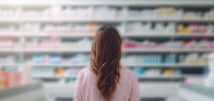 Rear view of woman with brown hair wearing a pink long sleeve shirt looking at a blurred convenience store shelf.