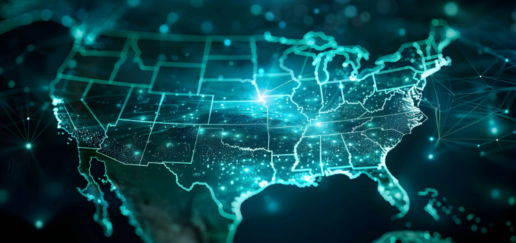 An abstract image of a map of the United States of America showing connection points with abstract dot and line connects