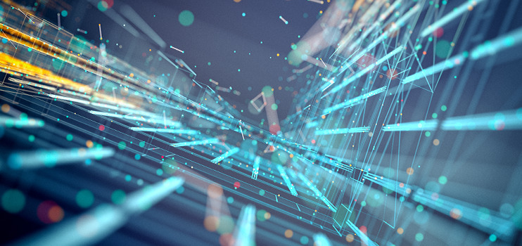 Abstract glowing grid surrounded by colorful particles of teal and yellow streaks, red and greed dots on a blue background