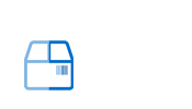 Icon of a shipping box colored in a 50/50 split of light blue on the left and royal blue on the right showing a bar-code on the right end.