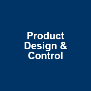 Navy box with white words that read “Product Design & Control”