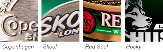 A horizontal panel of four squares containing partial images of USSTC tobacco product. From left to right, there are zoomed-in photos of Copenhagen, Skoal, Red Seal and Husky packages.