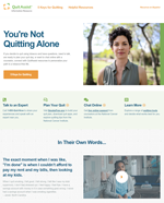 Screenshot of the QuitAssist website featuring a picture of a woman with short black curly hair in a sleeveless blue/grey top sitting outside in the sun, on the top right and a video below on the bottom right of the page with a green text banner across the middle.