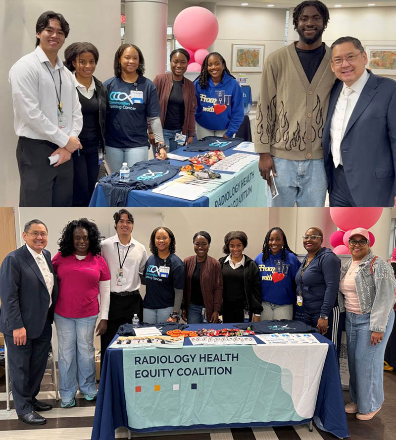 Members of the Radiology Health Equity Coalition Stand Behind a Table and Banner at Mammography Day.