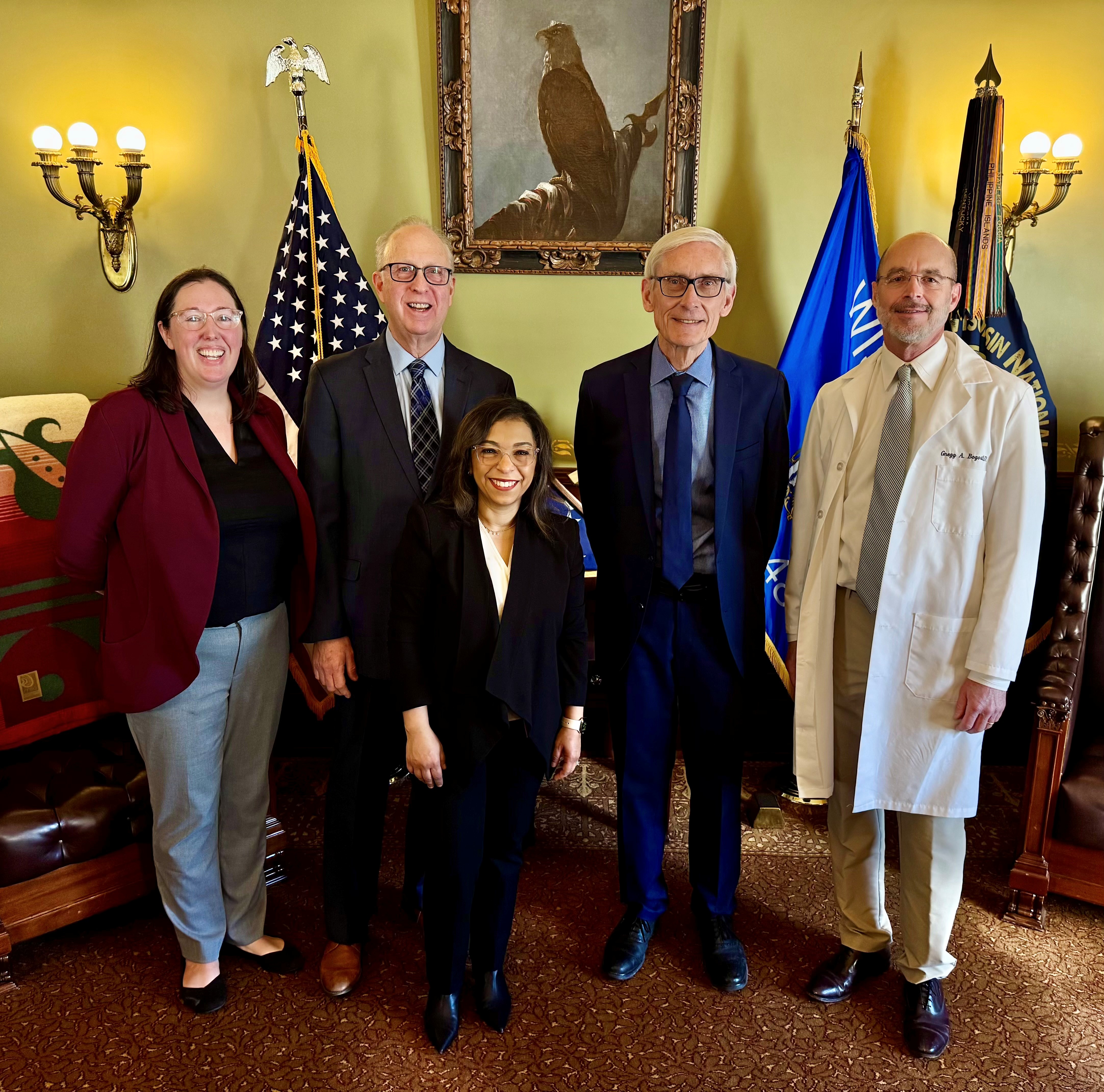 Erin Fabrizius (lobbyist), Michael Blumenfeld (lobbyist), Mai Elezaby, MD; Governor Tony Evers; Gregg Bogost, MD