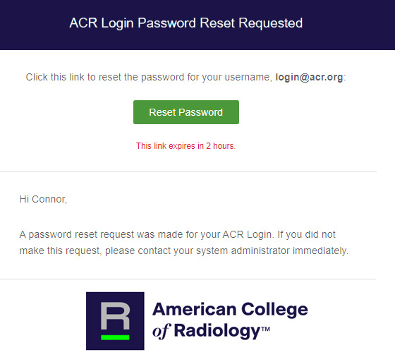 ACR Password Reset Requested screenshot with green "Reset Password" button