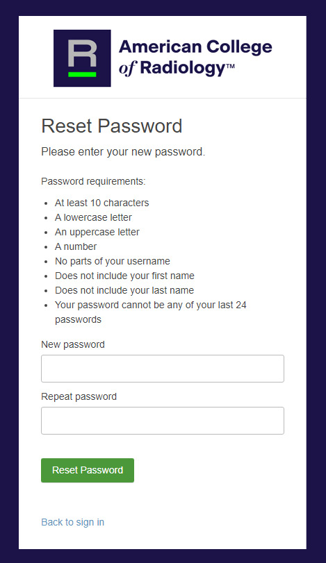 Reset Password form screenshot