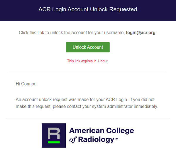 ACR Login Account Unlock Request screenshot with green "Unlock Account" button