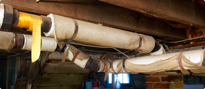 A home basement with pipes covered in asbestos.