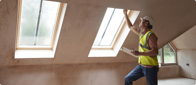 A worker inspecting newly installed windows.