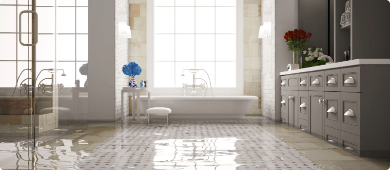 A flooded bathroom floor.