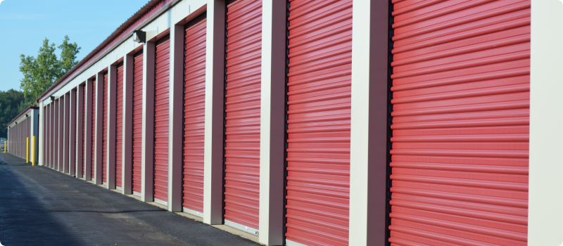 A row of storage unit doors