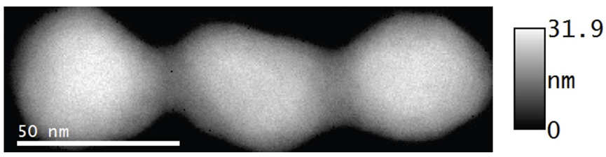 Absolute thickness map obtained using the low loss region of the EELS spectrum available under the same conditions in the same dataset.
