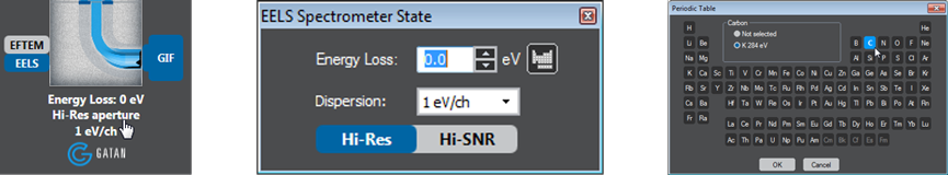 EELS status text to control the dispersion, aperture, and energy offset