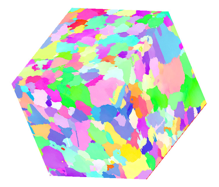 3D IPF orientation map colored relative to the build (Z) direction.