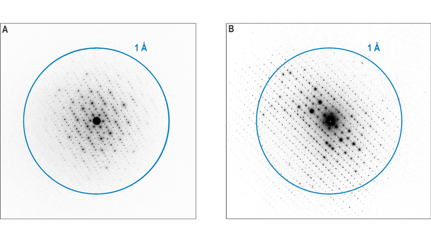 SAED pattern of ZSM-5 with (A) the Metro camera acquired with a 5 s exposure (inverted contrast, Log scale) without a beam stop, and (B) the K3 camera with a 1 s exposure in the absence of a beam stop.