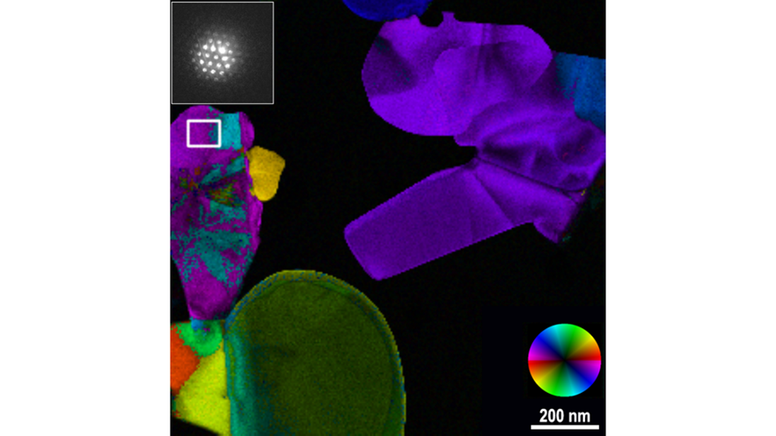 4D STEM Dataset of a BN sample processed with Python to reveal distinct crystalline regions. The 128 x 128 (scan) x 512 x 512 (pattern) 4D STEM dataset was collected in 33 s using the Metro camera and STEMx system.