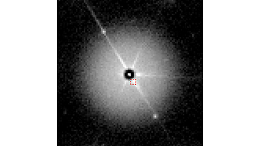 Central 90 x 90 pixel region from the SAED pattern shown in Figure 1A (log scale contrast, not inverted) observed on the Metro camera, showing the central spot’s contrast reversal. The dashed-red region-of-interest (ROI) was used to measure the dose rate just before the contrast reversal.