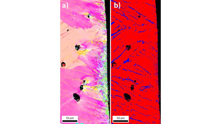a) An IPF orientation map measured with spherical indexing (SI) colored relative to the normal of the shot-peened surface. b) A phase map measured with SI, with the titanium alpha phase colored red and the titanium beta phase colored blue.