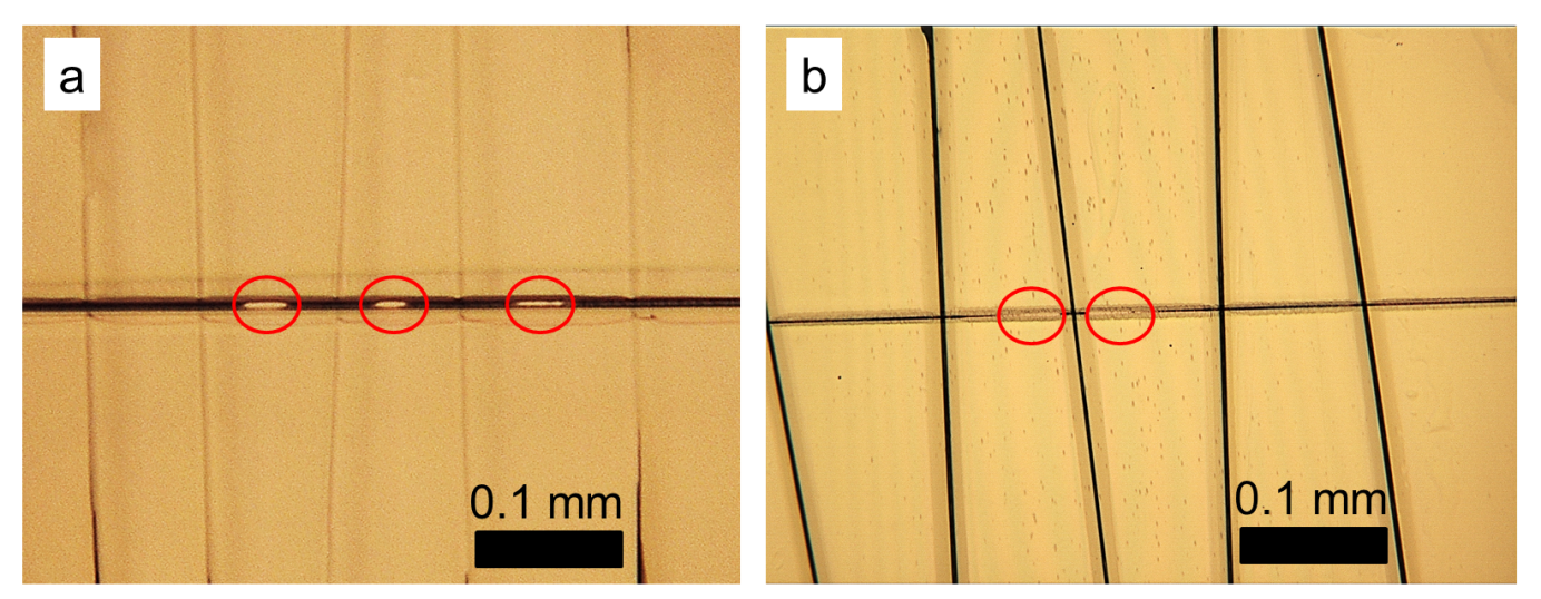 a) Photography of a cross-section specimen after ion milling using a broad Ar ion beam, resulting in several holes in between the carbon fibers. b) The PIPS II system permits alignment of the Ar beams in such a way that holes form only within a small region of interest.