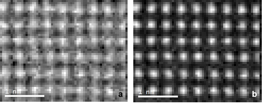 a) Extracted Ti L2,3-edges elemental map by simple background removal using a power law background and integrating over an energy window across the edge; b) elemental map extracted using the MLLS fitting procedure.