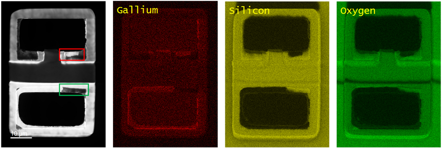 (left) Unfiltered CL image and EDS material composition results of a defect LED. EDS material mapping for gallium (red), silicon (yellow), and oxygen (green).