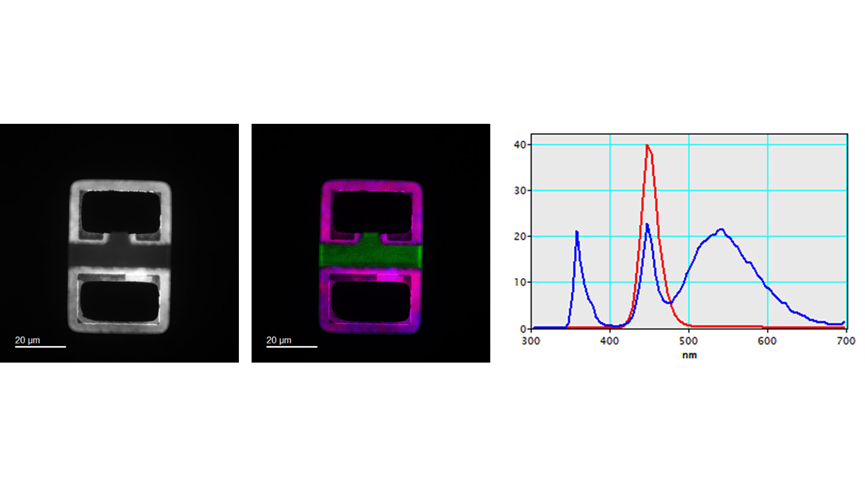 (left) CL spectrum image displaying wavelengths from 300 to 700 nm, (center) colorized spectrum image highlighting emission from GaN (360 nm, green colorization), and InxGa1-xN (430 nm, blue colorization; and 460 nm, red colorization) with 20 nm bandwidth. Each color band is normalized by intensity. (right) LED CL spectra from (red) MQW region and (blue) central GaN region (increased by a factor of 10 for clarity).