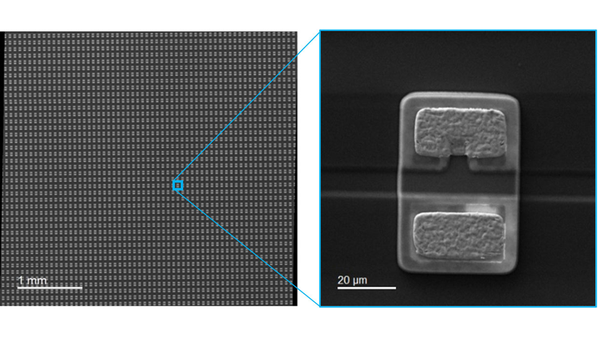 (left) Low magnification view of a partially completed LED wafer. (middle) Secondary electron image of a single LED. (right) Cross-section schematic of InGaN/GaN MQW LED