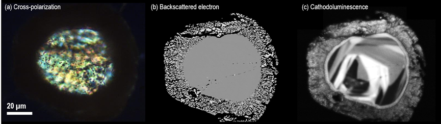 Images of the same zircon grain acquired using different analysis techniques; the zircon is a partially decomposed zircon in Mistatin Lake impact melt glass. The cross-polarized light microscope image (a) reveals a core and rim structure with some inhomogeneity in the central region, the backscattered electron image (b) captured using an SEM reveals a decomposed rim and core and, the cathodoluminescence image (c) reveals internal texture not observable by the other imaging techniques. Images courtesy of Michael Zanetti, Washington University in St. Louis and the McDonnell Center for the Space Sciences, Earth and Planetary Science Dept.
