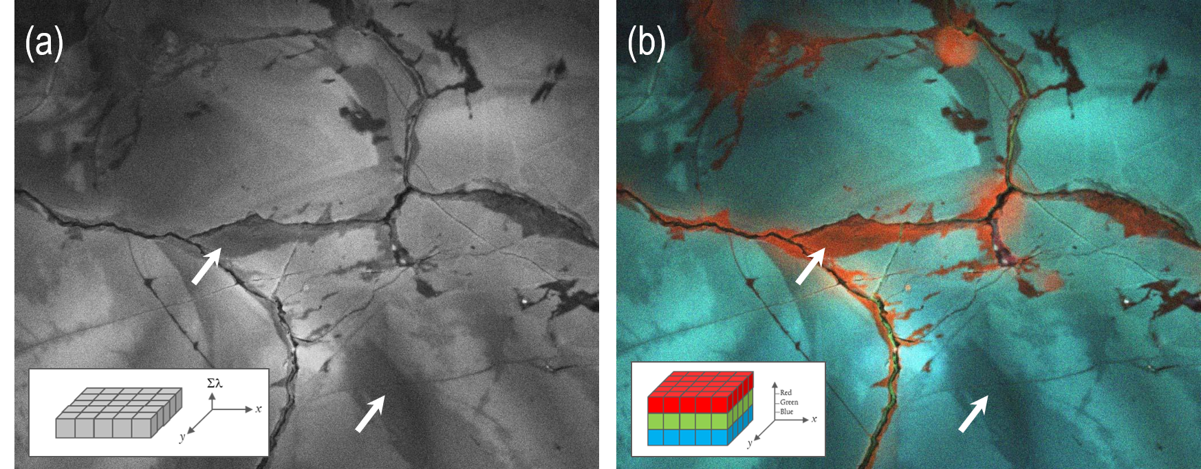 a) Unfiltered and b) color cathodoluminescence images of the same region of igneous quartz (plutonic granite); inset schematics represent the mode of data acquisition with the color image formed using three spectral components corresponding to red, green and blue wavelengths). The arrows indicate two regions of the mineral that, in an unfiltered CL image, appear equivalent. However, the additional spectral information available in the color image reveals that the two regions are distinctly different, reducing the risk of incorrect interpretation. Images captured by ChromaCL2 detector and provided courtesy of Dr. Juergen Schieber, University of Illinois.