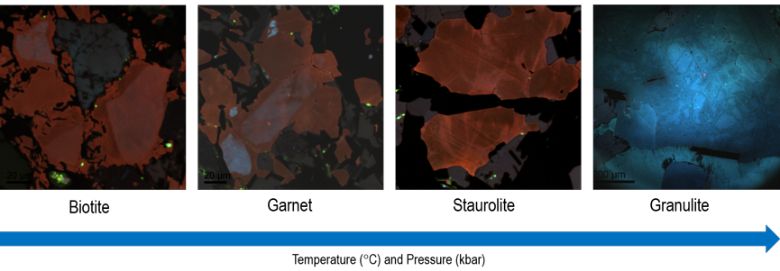 Color cathodoluminescence images of metamorphic quartz samples from the Buchan Metamorphic Sequence, Scotland. Color CL images reveal textural differences associated with the grade of metamorphism with the fading of detrital blue colors and inherited texture with increasing temperatures and pressures until fresh metamorphic CL features appear at Staurolite grade at the margin of grains. Images captured by ChromaCL2 detector and provided courtesy of Dr. Juergen Schieber, University of Illinois.