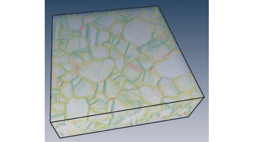 3D visualization of the grain boundary network in a nickel alloy measured by EBSD on a series of 2D sections. Grain boundaries are colored according to misorientation: from blue (low angle) to red (high angle).