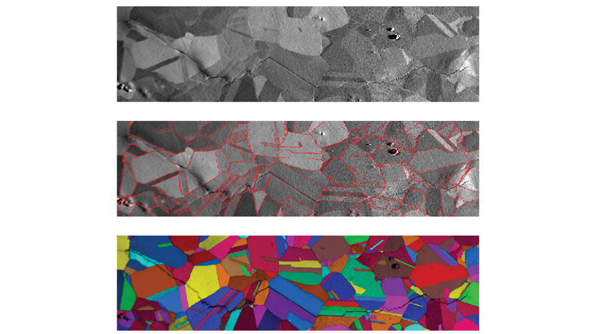 Image from the Secondary Electron Detector (SED) of a fatigue crack in a nickel superalloy (top). SED image overlaid with grain boundaries as determined by OIM (middle). Grains as determined by OIM delineated by random colors overlaid on a gray scale map based on a parameter describing the Image Quality (IQ) of the individual diffraction patterns (bottom).