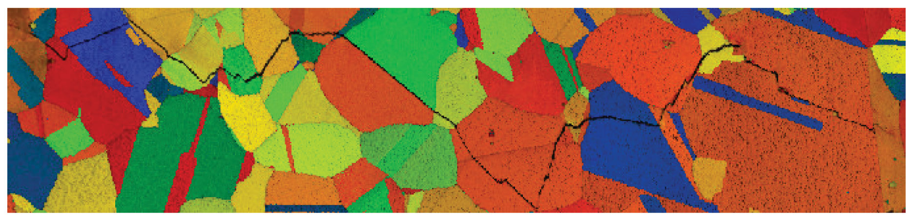 Taylor factor map overlaid on an IQ map. The map area contains a fatigue crack in a nickel superalloy.