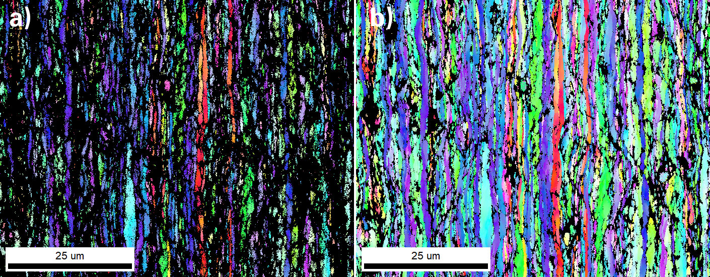 a) The IPF orientation map from a rolled aluminum sample relative to the surface normal direction, using traditional Hough-based indexing. b) The IPF orientation map from the same sample after spherical indexing analysis.