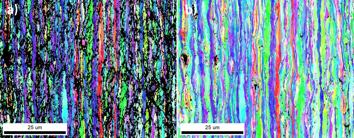 a) The IPF orientation map for a rolled aluminum sample after NPAR processing. b) The results after combining spherical indexing and NPAR reindexing analysis on the same sample.