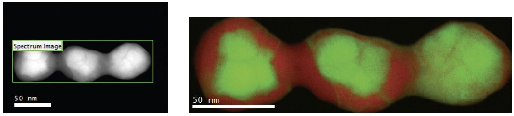 (left). Annular dark field (ADF) STEM survey image. The green box is the area where the EELS SI were taken. Figure 2 (right). RGB composite image of Au/Pd nanoparticle. Au M4,5-edges at 2206 eV shown in green and Pd L2,3-edges at 3173 eV shown in red.