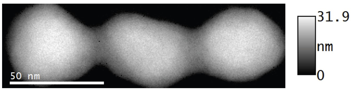 Absolute thickness map obtained using the low loss region of the EELS spectrum available under the same conditions in the same dataset.