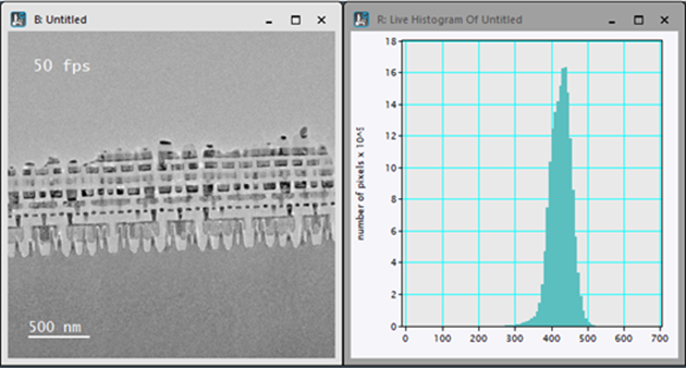 Live histogram showing the counts in the image pixels from a single frame of the camera at 50 fps.