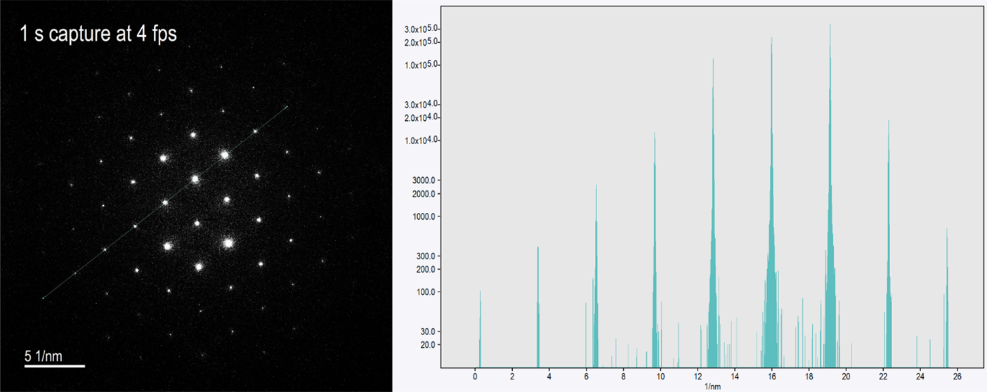 Si [110] diffraction pattern optimized with Frame Control mode. The line profile (log scale) shows a large range of intensities captured in the diffraction spots. The weakest spots with ~200 counts or less would be very difficult to detect without Frame Control mode.