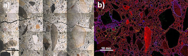 a) Montage image of a concrete pavement sample from a roadway routinely exposed to acetate and formate salt-based de-icing solutions during winter months. The top surface of the concrete is on the left side, while the bottom surface is on the right. b) Overlay of K, S, and Ca elemental maps. Blue = K, green = S, and red = Ca.